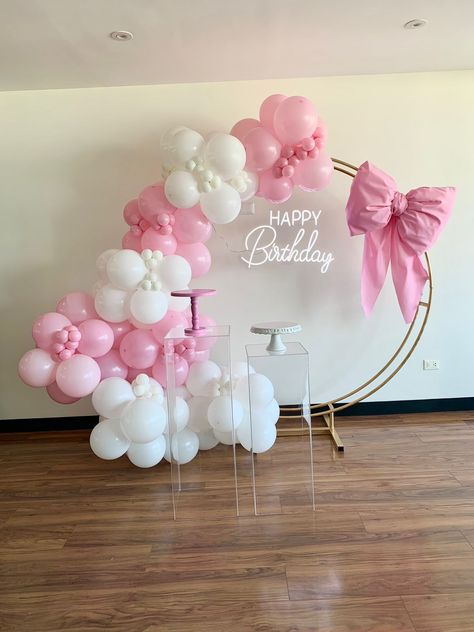 Coquette Themed Party Decor, 18th Birthday Decorations Pink, Coquette Birthday Backdrop, Bows Birthday Party Ideas, Pink Bow Graduation Party, Bow Balloon Garland, Pink Bow Decorations Party Ideas, Pink Bow Balloons, Pink Bow Balloon Arch