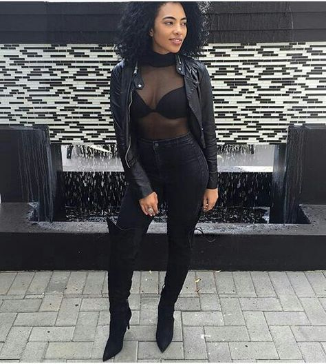 Black Sheer Top Leather Pants, Sheer Blouse Outfit Classy, Sheet Mesh Top Outfit, Sheer Top Outfit Black Woman, Mesh Bodysuit Outfit Jeans, Sheer Top And Jeans Outfit, Shear Shirt Outfits, Outfits With Sheer Tops, Black Sheer Bodysuit Outfit