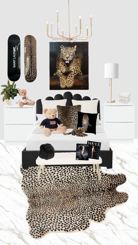 🐆 Nyc Aesthetic Room Decor, Emerald Green And Cheetah Bedroom, Animal Print Room Aesthetic, Leopard Rug Bedroom, South Dakota Glam Decor, Cheetah Print Room Aesthetic, Black And Cheetah Bedroom, Leopard Print Room Ideas, Cheetah Room Aesthetic