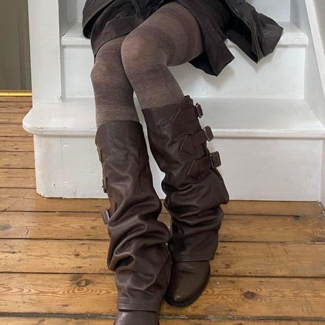 brown knee high leather buckle boots Dark Brown Leather Boots, Fold Over Boots, Slouchy Boots, I'm With The Band, Super Duper, Buckle Boots, Brown Leather Boots, Pretty Shoes, Dream Shoes