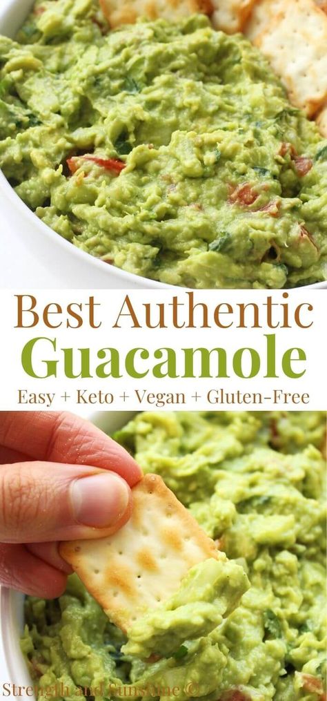 Authentic Guacamole Recipe | Strength and Sunshine | The best Authentic Guacamole Recipe! Fresh and delicious, only 6 whole food ingredients, this easy guacamole is naturally gluten-free, vegan, keto, and paleo! Cool and creamy mashed avocado with just the right amount of traditional Mexican flavors and spice! Grab your favorite tortilla chips for some delicious snacking or use it as a homemade spread for toast and sandwiches! Authentic Guacamole Recipe Mexico, Vegan Guacamole Recipe, Smooth Guacamole Recipe, Guacamole Recipe Easy Homemade, Homemade Guacamole Easy, Keto Guacamole Recipe, Recipe For Guacamole, Chunky Guacamole Recipe, Authentic Guacamole Recipe