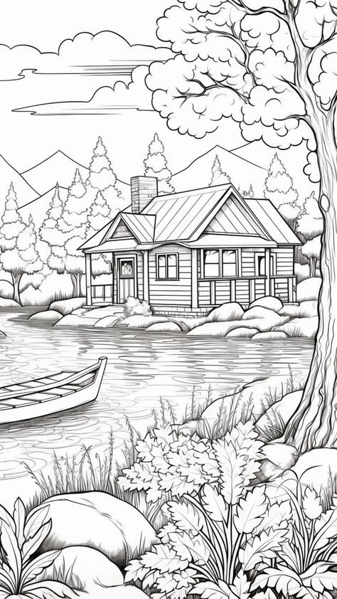 Fall Coloring Pages For Adults, Free Adult Coloring Printables, Coloring Pages Nature, Adult Coloring Books Printables, Fall Coloring, Adult Colouring Printables, House Colouring Pages, Abstract Coloring Pages, Autumn Lake