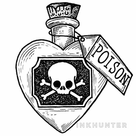 Poison Drawings, Poison Heart, Anniversary Tattoo, Colored Tattoo Design, Gem Drawing, Wrist Tattoo Designs, Cherub Tattoo, Traditional Tattoo Designs, Bottle Tattoo