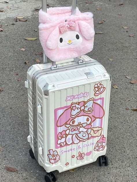 My Melody Suitcase, Cute Luggage Aesthetic, Koper Aesthetic, Koper Traveling Aesthetic, Koper Traveling, Kawaii Suitcase, Luggage Aesthetic, Hello Kitty Suitcase, Cute Suitcase