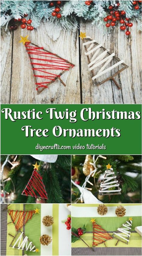 Rustic Twig Christmas Tree Ornaments are a perfect addition to your holiday tree! Gather a few twigs from the yard, grab your hot glue gun, and scrap yarn to create these adorable twig Christmas trees to hang on your tree this year! #rustic #rusticornaments #ornaments #christmasornaments #diyornaments Christmas Tree Inspiration Rustic, Christmas Tree Ornament Crafts, Twig Christmas Tree, Twig Crafts, Stick Christmas Tree, Diy Christmas Tree Ornaments, Christmas Tree Branches, Scrap Yarn, Christmas Tree Inspiration