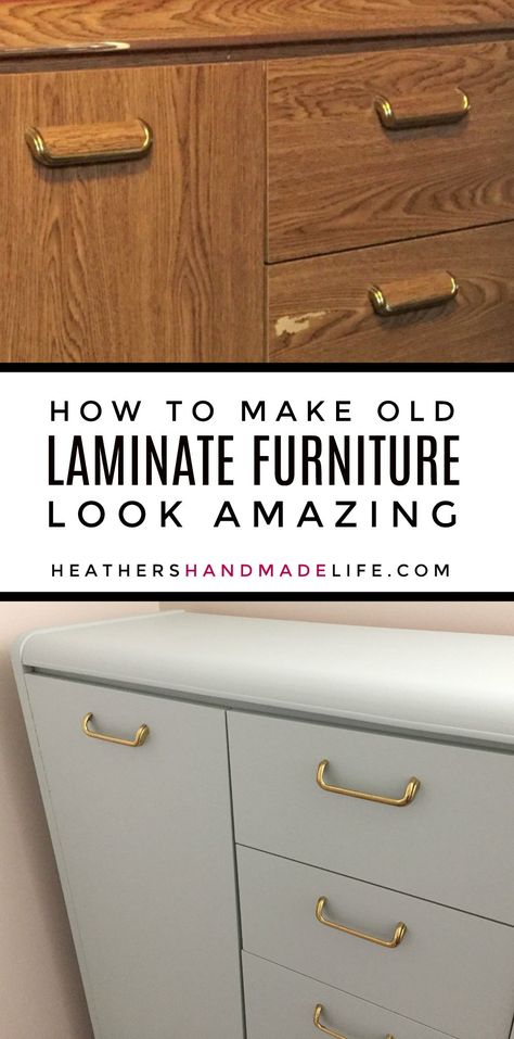 Laminate furniture makeover -- How to turn old laminate furniture into AMAZING pieces {Heather's Handmade Life} Painting Laminate Dresser, Painting Particle Board Furniture, Refinishing Laminate Furniture, Laminate Cabinet Makeover, Simple Bedroom Furniture, Laminate Furniture Makeover, Painting Fake Wood, Wood Dressers Makeover, Paint Laminate Furniture