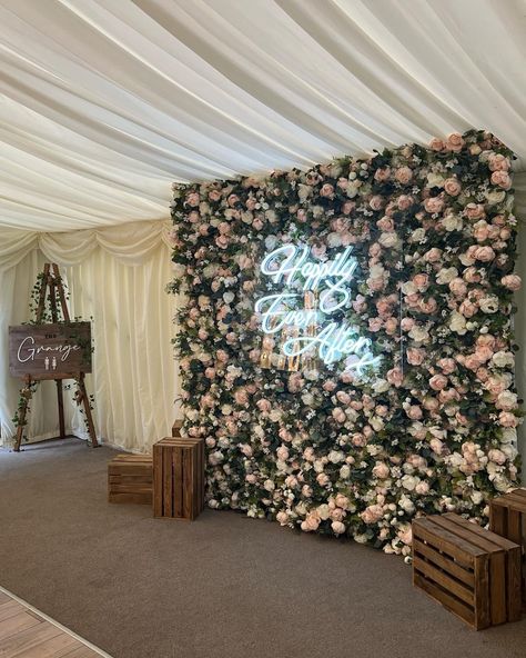 Flower Backdrops For Wedding, Greenery And Flower Wall, Flower Backdrop With Neon Sign, Flower Wall Wedding Reception Backdrop, Flower Wall Wedding Photo Booths, Wedding Flower Wall Backdrop With Neon Sign, Happily Ever After Neon Sign Wedding, Flower Reception Decoration, Fancy Photo Backdrop