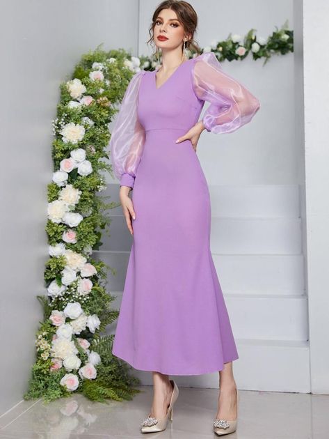 Contrast Sheer Mesh Lantern Sleeve Dress | SHEIN USA Long Dresses Western, Pastel Dress Outfit, Pastel Purple Dress, Purple Dress Outfits, Korean Fashion Women Dresses, Dress Outfits Party, Evening Dress Patterns, Simple Wedding Gowns, Dress Pesta