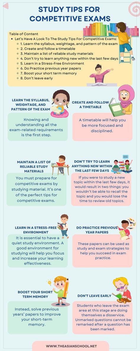 Preparing for competitive exams requires you to keep a few things in mind. The most vital thing is to be prepared well for exams. #theasianschoolinfografic #educationinfografic #Schoolinfografic #Study Tips For Competitive Exams #dehradun #india Study Preparation, Exam Preparation Tips, Ias Study Material, Exam Study Tips, Best Study Tips, Study Tips For Students, Study Apps, Learning Mathematics, Study Flashcards