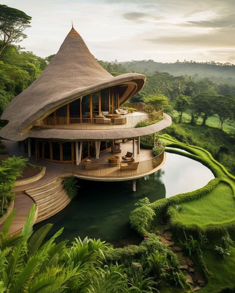 Modern Bamboo House Design, Airpark Homes, Reflection Architecture, Bamboo Roof, Bamboo House Design, Thatched House, Mud House, Bamboo Architecture, Hills Resort