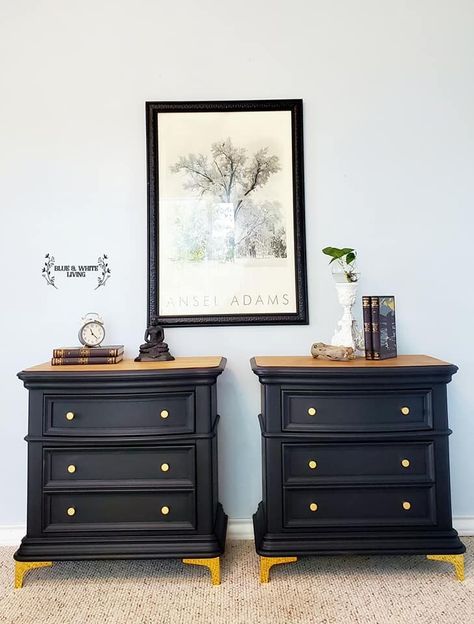 Bedside Table Makeover, Night Stand Light, Black Painted Furniture, Nightstand Makeover, Painted Night Stands, Black Bedside, Black End Tables, General Finishes Milk Paint, Nightstand Set