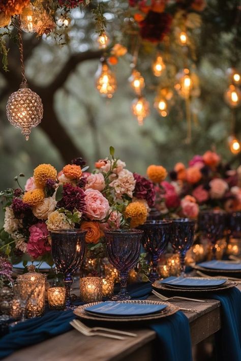 Enchanted Evening Sunset Table Setting, Boho Wedding Tables, Lace Wedding Table Decor, Boho Wedding Table Decorations, Bohemian Table Settings, Evening Weddings, Boho Wedding Table, Boho Glam Wedding, Boho Elements