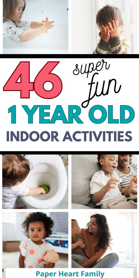 These must-do indoor activities for 1 year olds include all the activities you need to keep your 1 year old busy, including sensory play, play activities, learning activities and motor skills. Save this list for a rainy day! Indoor Toddler Activities, Activities For One Year Olds, At Home Activities, Educational Toddler Activities, Indoor Activities For Toddlers, Baby Play Activities, Indoor Activities For Kids, Toddler Play, Toddler Learning Activities