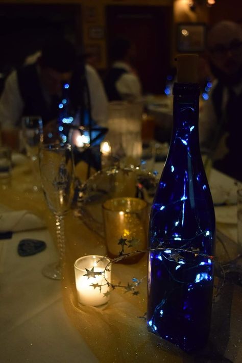 Midnight Theme Decorations, Starry Night Table Setting, Night Under The Stars Theme Quince, Midnight Themed Wedding, Wedding Venue Under The Stars, Midnight Blue Wedding Decor, Under The Stars Decorations Table Settings, Dreamy Prom Theme, Midnight Masquerade Prom Theme