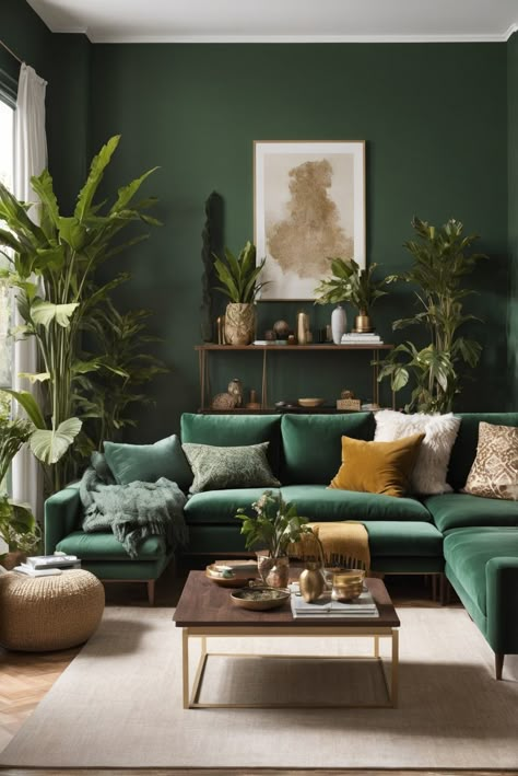 Elevate your living room with Green Sanctuary—immerse yourself in rich tones and follow along for daily interior designer routines and décor tips. #ad     #ideasInspo #wallpaint2024  #color2024  #DIYpainting  ##DIYhomedecor  #Fixhome Forest Green Lounge Living Rooms, Green Living Room Plants, Emerald Green Feature Wall, Boho Green Living Room, Green Living Room Aesthetic, Forest Green Living Room, Green Living Room Color Scheme, Modern Green Living Room, Living Room Design Green