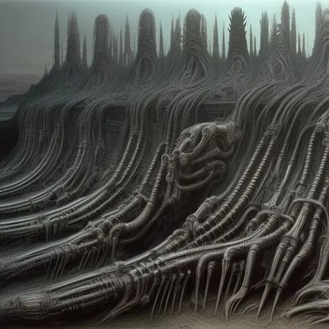 Horror, high quality, H. R. Giger, Biomechanical lan... Biomechanics Art, Horror High, Hr Giger Art, Dystopian Aesthetic, Giger Art, Alien Party, H.r. Giger, Mechanical Art, Brutalist Architecture