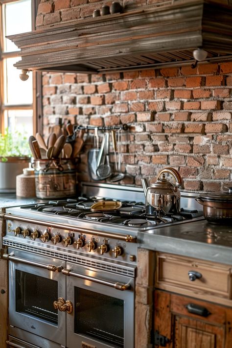 Elevate the style of your farmhouse kitchen with 40 brick backsplash styles that create a unique and inviting culinary space. #KitchenStyles #BrickBacksplash #FarmhouseDesign Farmhouse Kitchen Brick Backsplash, Kitchen Brick Backsplash, Backsplash Styles, Kitchen With Brick, Renovate Kitchen, Kitchen Brick, Brick Wall Ideas, Brick Backsplash Kitchen, Kitchen 2023