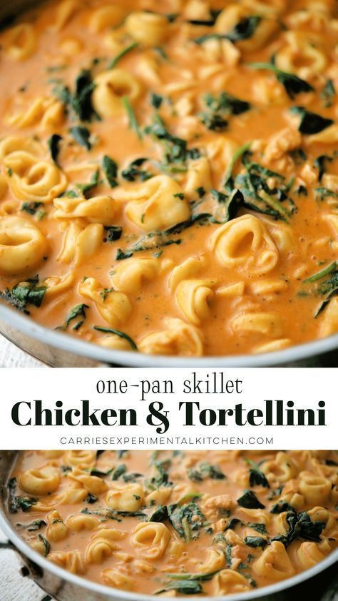 Cheese tortellini pasta, diced chicken and fresh spinach cooked in a skillet in a creamy, pink tomato sauce. #pasta #tortellini #chicken #skillet Skillet Chicken And Ravioli, Italian Chicken Tortellini Skillet, Tortellini With Blush Sauce, Chicken And Garlic Tortellini Recipes, Shrimp And Chicken Tortellini, Creamy Chicken And Tortellini, Chicken And Spinach Tortellini Recipes, Recipes Using Tortellini And Chicken, Ground Chicken Tortellini Recipes