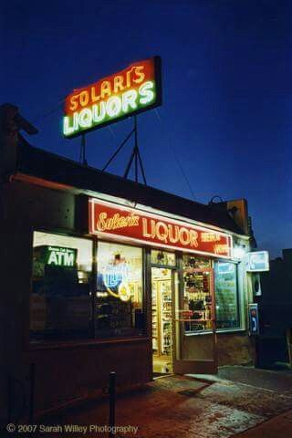 Solari's liquor store. Before they replaced the lovely old neon sign. Vintage Liquor Store, Liquor Store Aesthetic, Liquor Store Photoshoot, Bodega Photoshoot, Ghost Shoot, Old Neon Signs, Bookstagram Posts, Film Camera Photography, Neon Bar Signs