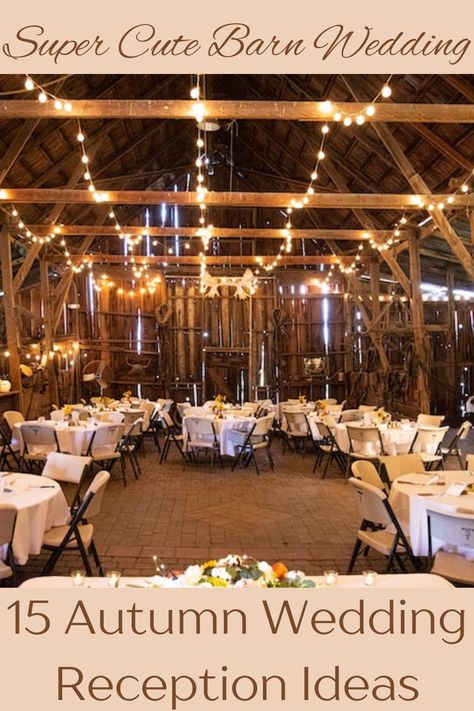 Rustic Wedding Decor Outdoor Reception Ideas, Fall Wedding Venues Outdoor Rustic, Fall Country Wedding Dress, October Wedding Reception Ideas, Fall Weddings Outside, Barn Decorating Ideas Wedding, Simple October Wedding Ideas, Barn Weddings Ideas, Fall Outside Wedding Ideas