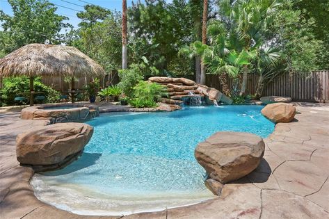 Walk In Pool Designs, Beach Entry Pool Walk In, Pool Designs With Grotto, Walk In Swimming Pools, Walk In Pool Ideas, Gradual Entry Pool, Pools With Slides And Waterfalls, Beach Walk In Pool, Walk In Pools Backyard