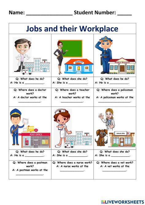 Jobs And Places Worksheets, Jobs Worksheets For Kids, Occupation Worksheet, Jobs Worksheet, Kumon Worksheets, English Liveworksheet, Vocabulary Games For Kids, Sentence Building Worksheets, English Conversation For Kids