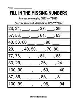 Fill in the Missing Numbers (within 120) | Sequencing Numbers | Number Sense | Kindergarten/1st grade Printable Math Worksheets 6 pages Use these worksheets to practice number sequences within 120. Practice counting forward by ones and tens Practice counting backward by ones and tens For students who need more support, allow them to use a 120 chart. Use this resource for morning work, in a math center or for early finishers! Number Sequence Worksheet, Sequencing Numbers, Fill In The Missing Numbers, Missing Number Worksheets, Number Sense Kindergarten, 120 Chart, Sequencing Worksheets, Number Chart, Math Number Sense