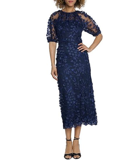 Maggy London Illusion Puff Short Sleeve Crew Neck Embroidered 3D Petal Applique Mesh MIdi Sheath Dress | Dillard's Grooms Mom Dress, Tea Length Cocktail Dresses, Fall Wedding Outfits, Hawaiian Dresses, Classy Wear, Formal Dresses With Sleeves, Maggy London Dresses, Mob Dresses, Formal Dresses Gowns