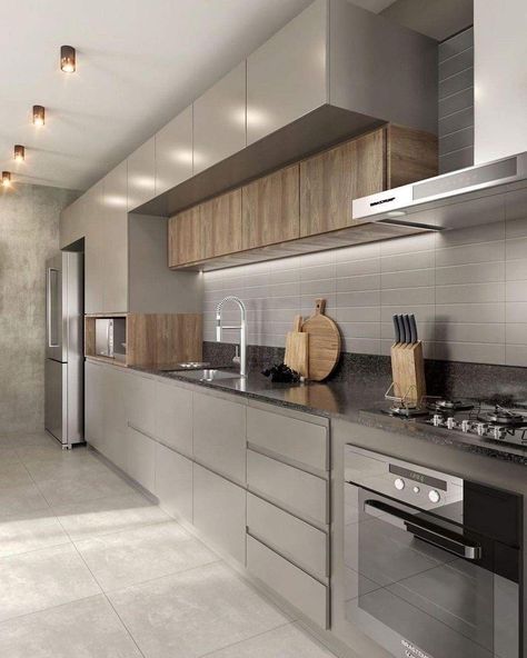 Kitchen Tiles For Black Counter Top, Black Countertop Gray Cabinets, Kitchen Tile With Black Countertops, Modern Kitchen Design Light Grey, Kitchen I Shape, Kitchen Tiles With Black Countertop, Black Kitchen Top Countertops, Small Kitchen Ideas Black And White, Big Kitchen Cabinets