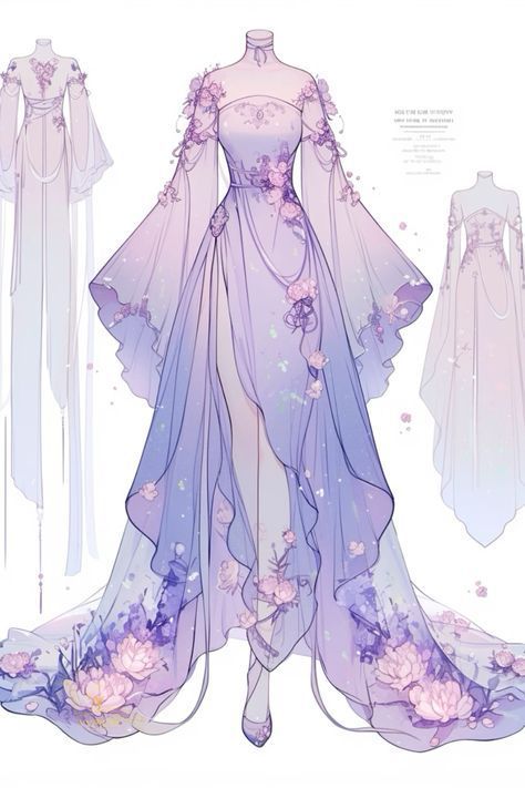 Dress Outfits Drawing, Fantasy Dress Design Art, Anime Dress Design Outfit Ideas, Purple Dress Drawing, Flowy Dress Drawing, Oc Dress Ideas, Purple Characters, Fantasy Dress Drawing, Purple Long Dress