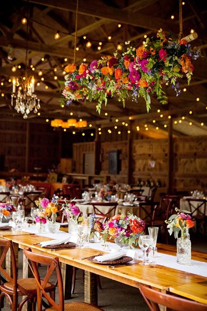 Photo by Holly Chapple Flowers - http://thefullbouquetblog.com/ Flower Chandelier Wedding, Fresh Wedding Decor, Chandelier Wedding Decor, Bright Wedding Flowers, Flowers Hanging, Tafel Decor, Wedding Chandelier, Jewel Tone Wedding, Flower Chandelier