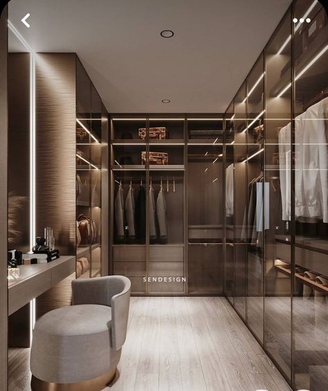 Dressing Room Modern Design, Walk In Wardrobe Design Modern, Luxe Walk In Closet, Walk In Wardrobe Ideas With Doors, Bedroom And Dressing Room Ideas, Walkin Wardrobe Designs, Dream Dressing Room Walk In Wardrobe, Grey Walk In Closet, Glass Walk In Closet