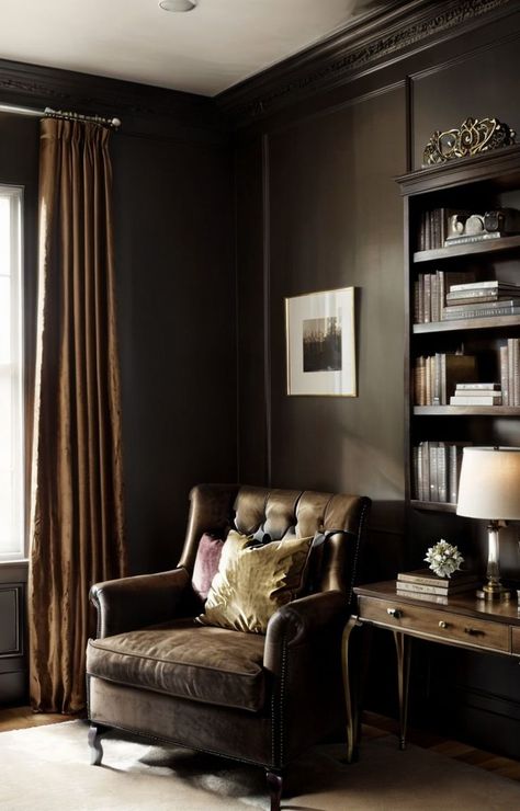 Traditional Study, Bookshelves Aesthetic, Dark Academia Bedroom, Dark Academia Interior, Academia Bedroom, Vintage Wooden Desk, Moody Colors, Tufted Armchair, Dark Academia Style