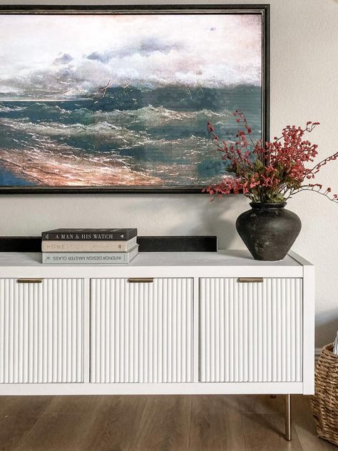 Best Ikea Hack: Ikea Kallax into a Fluted Media Console | XO My Home Ikea Tv Console, Ikea Kallax Unit, Dnevna Soba, Ikea Tv, Ikea Kallax, Ikea Furniture Hacks, Console Cabinet, Best Ikea, Kallax Ikea