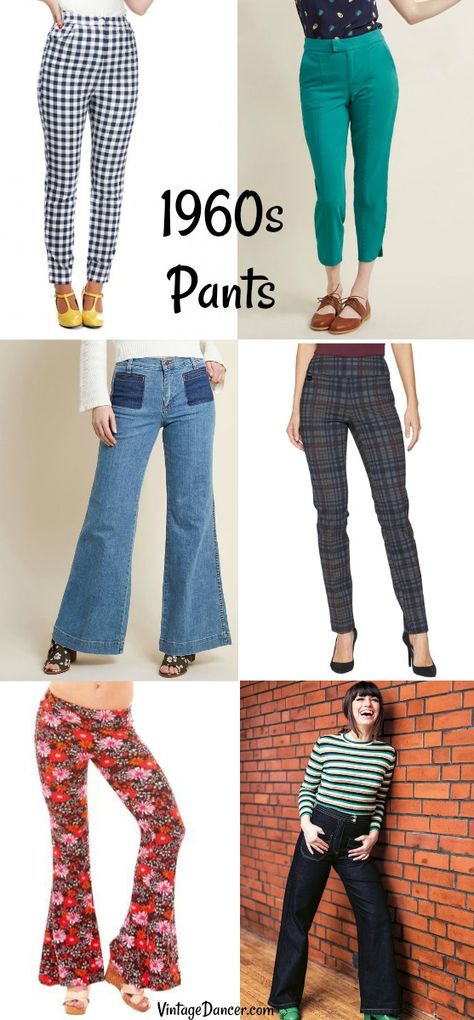 1960s pants, trousers, jeans. 60s women's bell bottoms, ankle pants, denim blue jeans at vintagedancer.com 60s Outfit Ideas, Outfit Ideas With Jeans, 60s Pants, 1960s Pants, 60s Outfit, 60s Fashion Women, 1960s Fashion Women, 60s Outfits, Celana Fashion