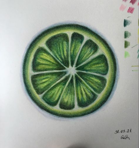 Lime drawing with coloured pencils Colouring Pencil Art Easy, Fruit Art Drawings Pencil, Easy Coloured Pencil Drawings, Lime Sketch, Coloured Pencil Drawings Easy, Simple Color Pencil Drawing Ideas, Easy Pencil Colour Drawings, Lime Drawings, Colour Pencil Drawing Easy