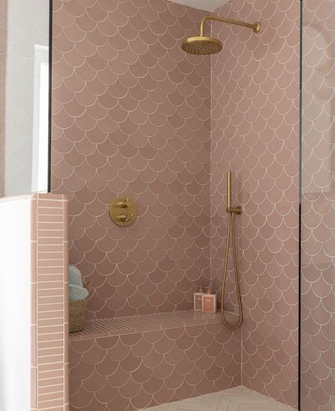 Pink Scallop Tiles Bathroom, Fireclay Ogee Drop Tile, Pink Bathroom Shower Tile, Cool Tile Ideas, Pink Tiles Bathroom Ideas, Pink Mermaid Bathroom, Mermaid Tiles Bathroom, Pink Tile Shower, Bathroom Pink Tiles