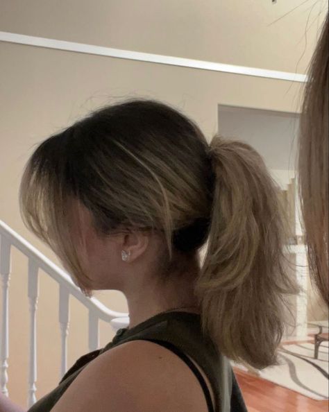 Messy Brown Ponytail, Layered Haircut In Ponytail, Medium Length Haircut Ponytail, Layered Hair Ponytail Medium, Layers In Ponytail, Ponytail With Layered Hair, Wolfcut In Ponytail, Layered Hair In A Ponytail, Wolf Cut In A Ponytail