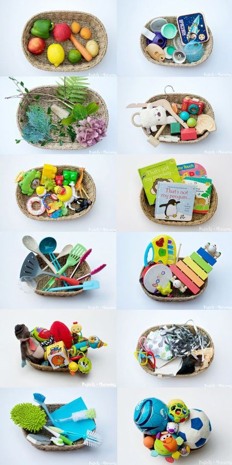 Sensory, exploration baskets Infant Education, Sensory Basket, Heuristic Play, Baby Montessori, Baby Sensory Play, Baby Play Activities, Montessori Baby, Toddler Play, Montessori Toddler