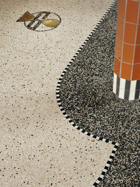 Polly Goudvisch remixes the classic Amsterdam brown café Floor Pattern Design, Mosaic Floor Tiles, Classic Dining Chair, Restaurant Flooring, Timber Panelling, Terrazzo Flooring, Tile Inspiration, Mosaic Flooring, Floor Patterns