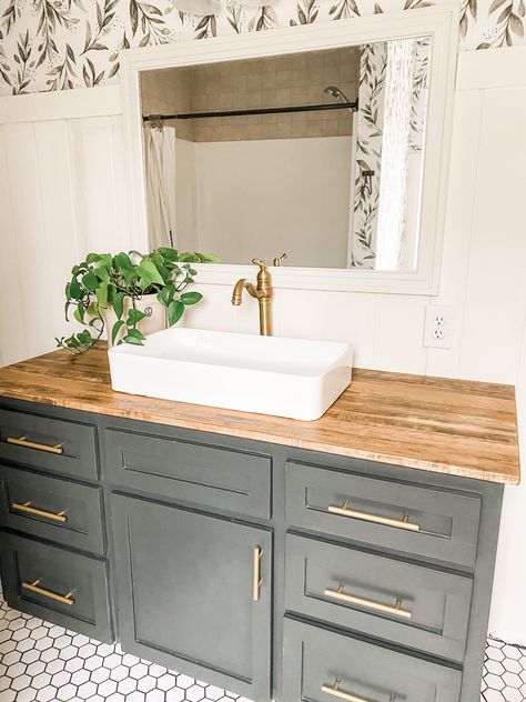 Vessel Bathroom Sink Vanity, Vanity With Top Sink, Blue Rustic Bathroom Vanity, Square Sink Bowl On Top Of Vanity, Bathroom Sink Vessel Ideas, On Top Sink Bathroom, White Vanity With Vessel Sink, Bathroom With Wood Countertop, Raised Bathroom Sinks