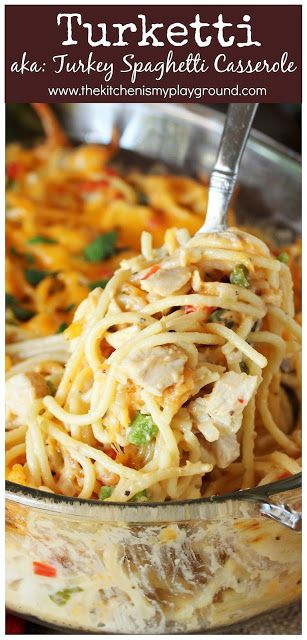 Turketti (Leftover Turkey Spaghetti Casserole) ~ Creamy spaghetti loaded with chopped leftover turkey is sure one easy & tasty way to enjoy those turkey leftovers! A favorite with the whole family. #leftoverturkey #turkeyleftovers #turkeycasserole #bakedspaghetti  www.thekitchenismyplayground.com Leftover Turkey Spaghetti, Turkey Spaghetti Casserole, Turkey Casserole Recipes Leftover, Easy Leftover Turkey Recipes, Turkey Casserole Recipe, Turkey Spaghetti, Leftover Turkey Casserole, Creamy Spaghetti, Turkey Leftovers