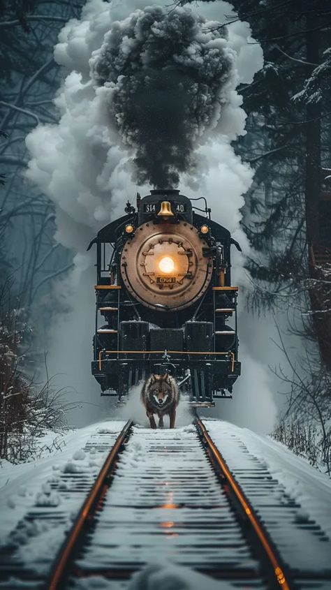 A steam locomotive is running through a snowy forest. The wolf is running in front of the train. The train is old and rusty. The wolf is black and looks strong. The forest is dark and mysterious. The picture is very dramatic and intense. It looks like the train is chasing the wolf. The wolf is running for its life. The train is getting closer and closer. The wolf is about to be hit by the train. Old Trains Steam Locomotive, Old Train Pictures, Dramatic Scene, Dark And Mysterious, Classic Cars Trucks Hot Rods, Winter Mountain, Old Trains, Snowy Forest, Old Train