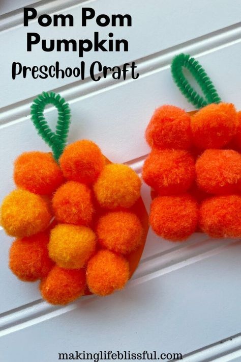 Let’s create this cute and easy puff ball pumpkin using pom poms and simple craft supplies!  This is the perfect fall pumpkin kids craft for little hands because it’s simple and not many instructions for them to follow.  There are so many different shapes that your preschooler could make these pumpkins so the possibilities will […] The post Pom Pom Pumpkin Kids Craft first appeared on Making Life Blissful. 3d Fall Crafts For Preschoolers, Preschool Fall Craft Ideas, Easy Pumpkin Crafts For Toddlers, Pom Pom Crafts For Toddlers, Pom Pom Pumpkins, Pumpkins Crafts Preschool, Pumpkin Toddler Crafts, Toddler Pumpkin Crafts, Ball Crafts For Preschoolers