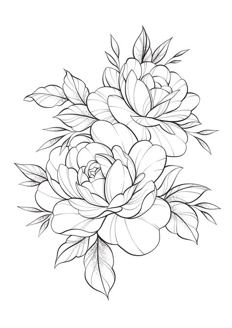 Peony Flower Back Tattoo, Flower Drawing Peony, Peony Pencil Drawing, Peonies Flower Drawing, Colored Chest Tattoo, Peony Tattoo Design Drawing, Black Peonies Tattoo, Paeonia Tattoo, Flower Tattoos Drawings