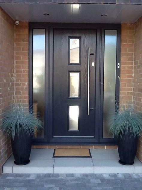 Front Door Window Panels, Windows By Front Door, Dark Front Door Ideas, Front Door With Side Windows Entrance, Black Windows And Doors Exterior, Front Door Dark Grey, Front Door Grey, Front Door Ideas Black, Window Next To Front Door