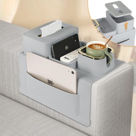 PRICES MAY VARY. 🧳 Ample Storage for Your Essentials - Designed for those needing generous storage space, our couch caddy features large storage pockets on both sides. Perfect for storing remotes, chargers, glasses, snacks, and more. The built-in cup holder and accessory tray keep items secure, ensuring organized convenience without spills. 🤲 Simplify Your Couch Time - Organizing your TV lounge is effortless with our dual-sided couch drink holder. This silicone tray keeps small to mid-size ess Couch Organizer, Couch Caddy, Couch Cup Holder, Big Couch, Best Amazon Gifts, Tv Lounge, Practical Accessories, Spacious Sofa, Tissue Storage