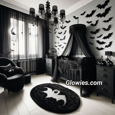 Bat Themed Nursery, Moody Baby Nursery, Halloween Kids Room, Bat Nursery, Goth Baby Nursery, Gothic Baby Nursery, Cute Nursery Ideas, Gothic Nursery, Halloween Nursery