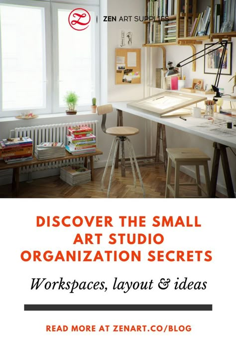 Set up your small art studio space like a pro! Art studio inspiration and ideas for at home artists. Learn how to organize your artist workspaces and get creative with diy art supplies storage projects. Artist Studio Small Space, Art Studio Table Ideas, Artist Storage Ideas, Setting Up An Art Studio At Home, Conservatory Art Studio, Organize Art Studio, Home Office And Art Studio, Art Studio Storage Small Spaces, Art Studio Ikea