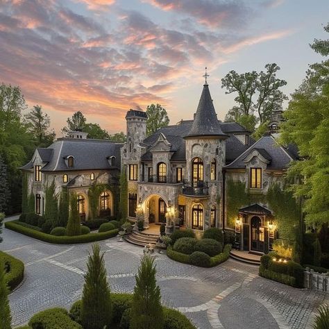 Rebecka Homes That Look Like Castles, Old House Mansion, Modern Gothic Mansion, 60s Mansion, Wealthy Mansion, Nice House Exterior, Vintage Mansion Exterior, House Interior Victorian, Suburban Home Exterior